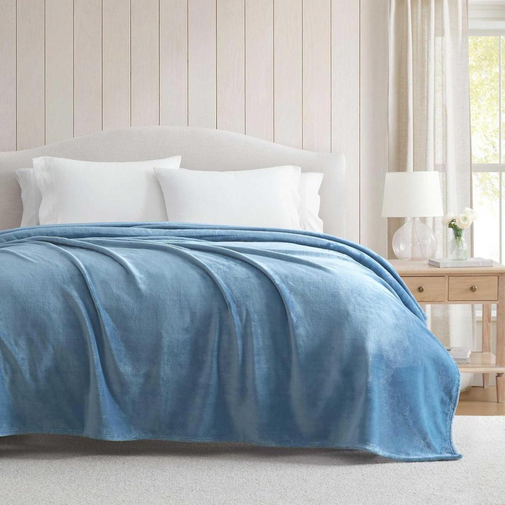 imageMartha Stewart Queen Size Blanket UltraSoft Plush Fleece Throw Blanket with DoubleNeedle Stitching 350 GSM Medium Weight Bedding for Bed or Couch Bedford Solid BlueBedford Solid Blue