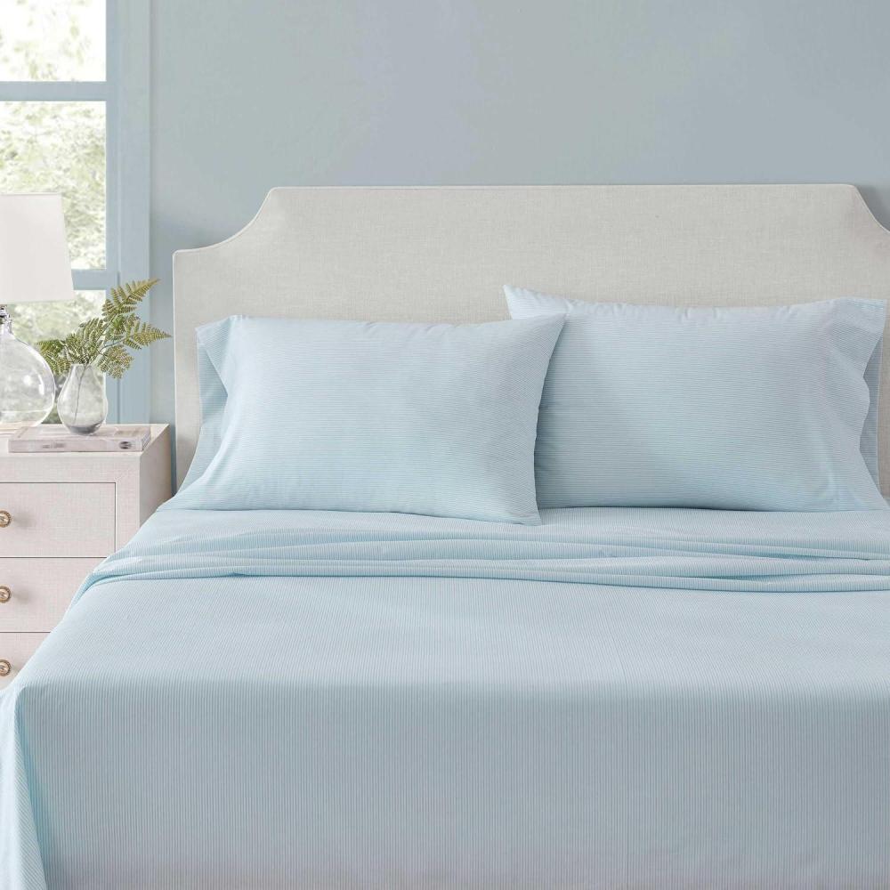 imageMartha Stewart Queen Size Sheets Set Crisp amp Tailored Cooling Sheets wa Naturally Smooth Cotton Percale Lightweight Feel Bed Sheets with Matching Pillowcases amp Fitted Sheet Floral WhiteStripe Blue