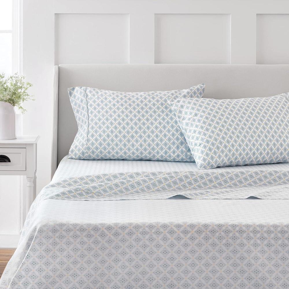 imageMartha Stewart  Queen Size Sheets Set Crisp amp Tailored Cooling Sheets wa Naturally Smooth Cotton Percale Lightweight Feel  Bed Sheets with Matching Pillowcases amp Fitted Sheet Floral WhiteOtto Geometric Light Blue