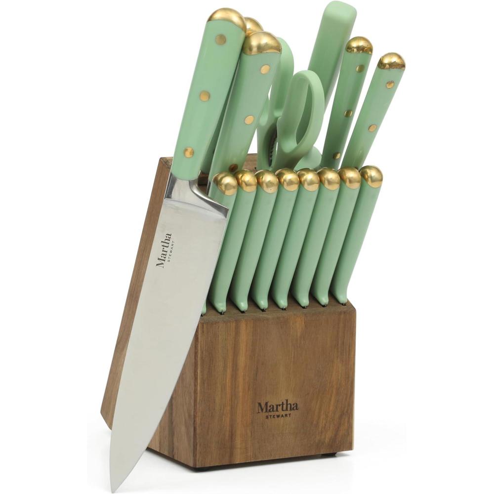 imageMartha Stewart Carverton 6 Cleaver Knife High Carbon Stainless Steel Kitchen Knives wBlack Triple Riveted HandleSage Green W Gold Knife Block