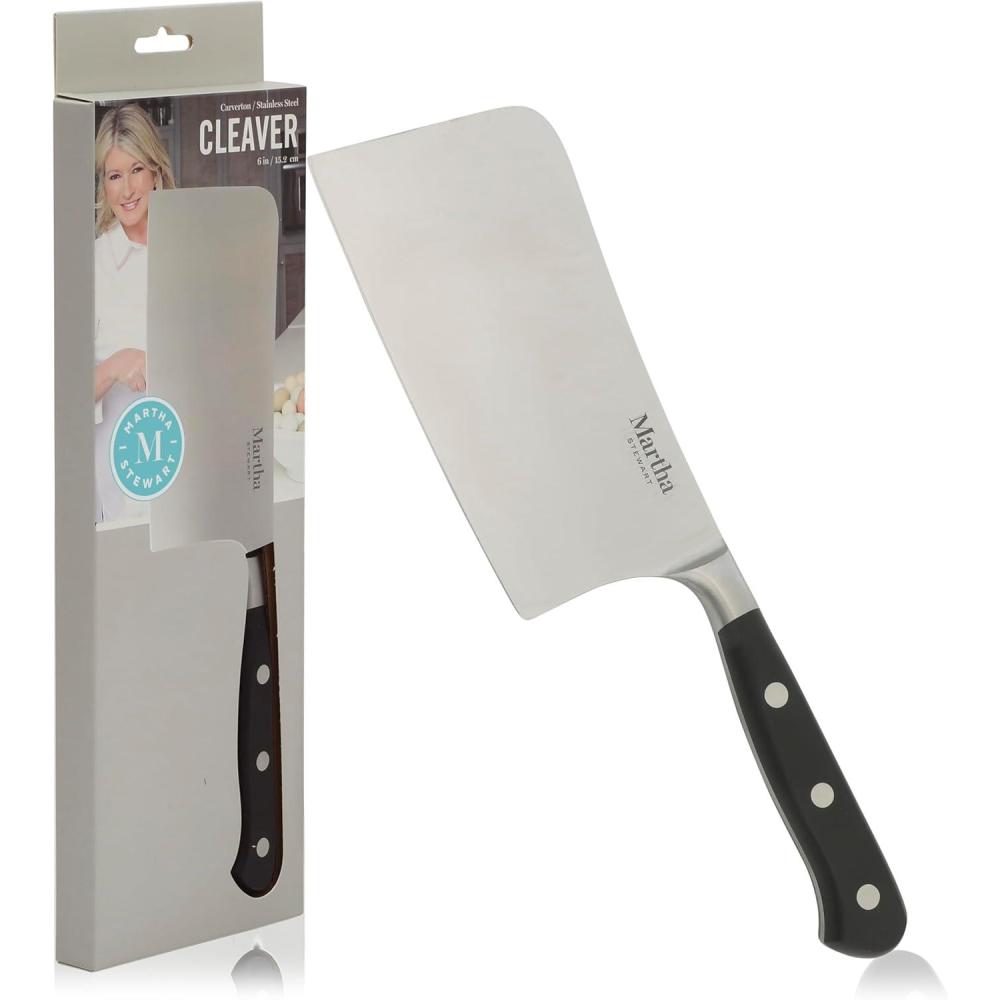 imageMartha Stewart Carverton 6 Cleaver Knife High Carbon Stainless Steel Kitchen Knives wBlack Triple Riveted HandleStainless Steel Black Cleaver