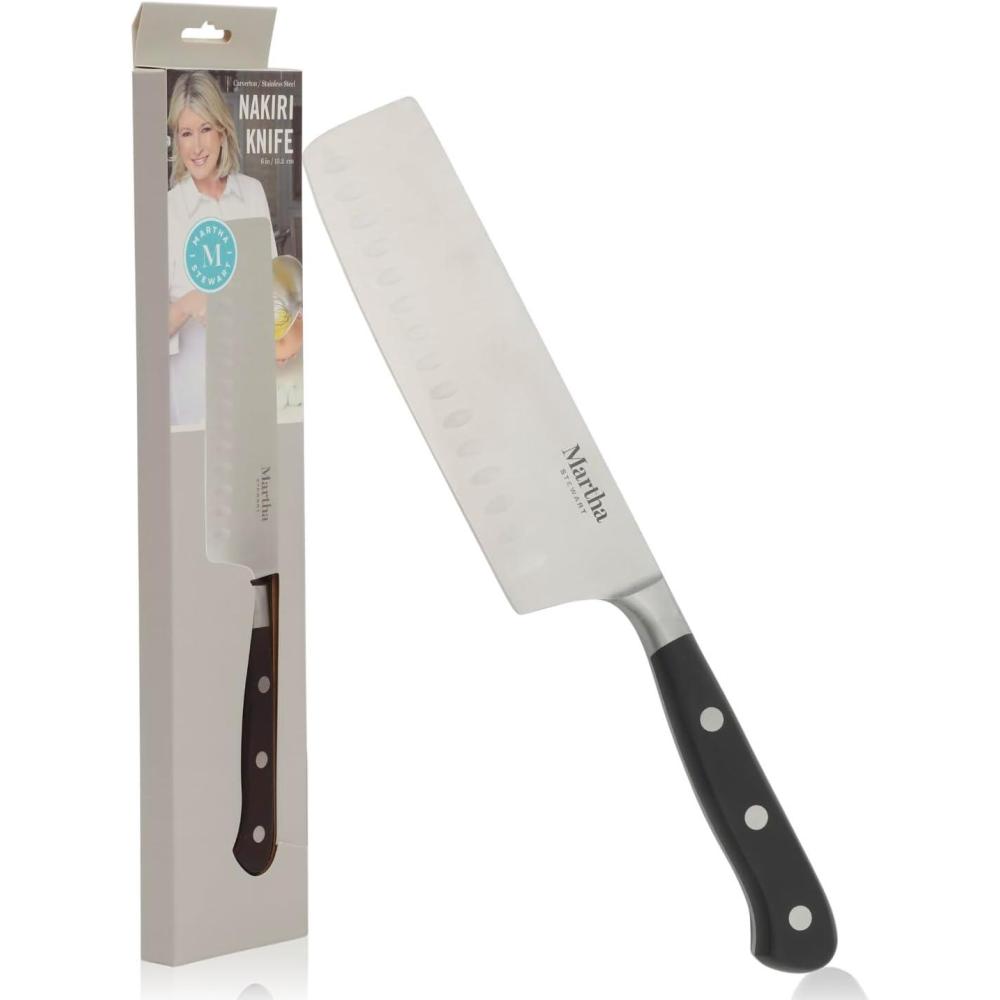 imageMartha Stewart Carverton 6 Cleaver Knife High Carbon Stainless Steel Kitchen Knives wBlack Triple Riveted HandleStainless Steel Black Nakiri