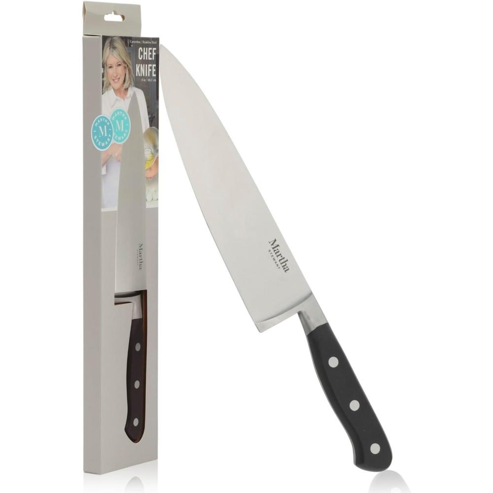 imageMartha Stewart Carverton 8 Chef Knife High Carbon Stainless Steel Kitchen Knives wBlack Triple Riveted HandleStainless Steel Blade Black Handle Chefs Knife