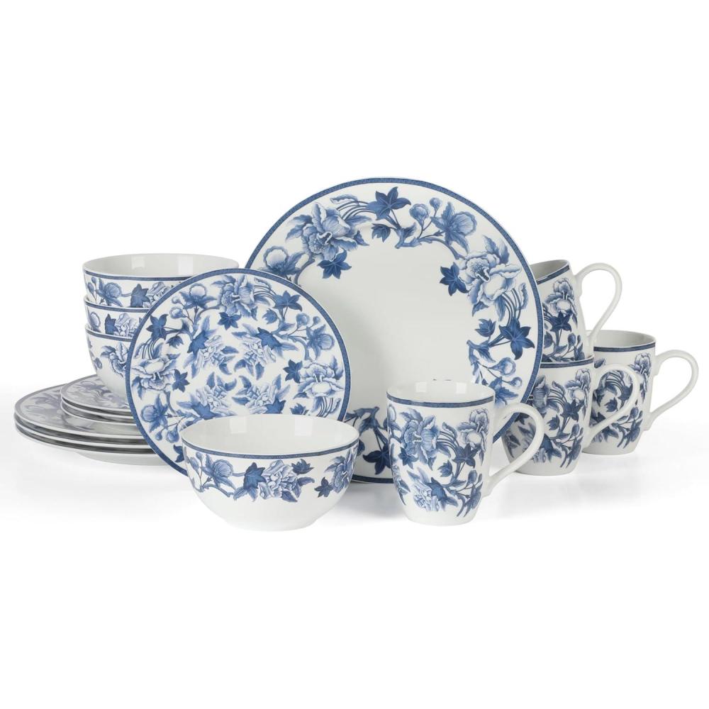 imageMartha Stewart Goodale 16Piece Vintage Blue Stoneware Dinnerware Set Durable ChipResistant Plates and Bowls Elegant Rustic Kitchen Tableware for 4