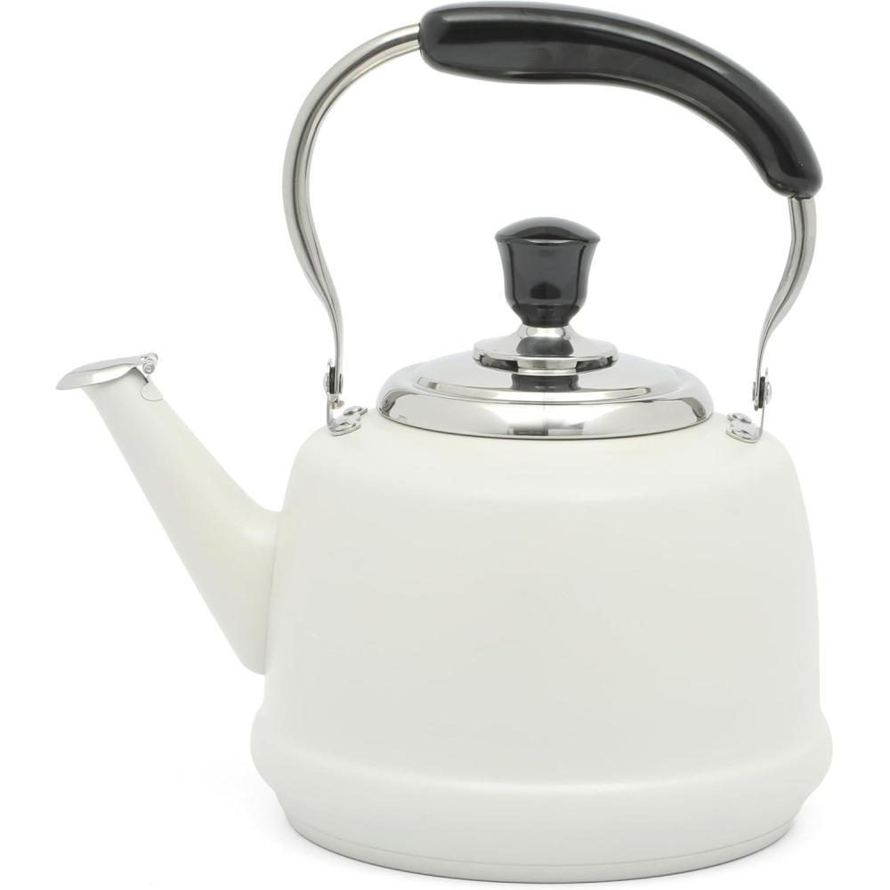 imageMartha Stewart Kingstree Large 2 Qt Stainless Steel Tea Kettle Heavy Gauge Durable Whistling Tea Kettle for Stove Top Easy Pour Classic DesignLinen White