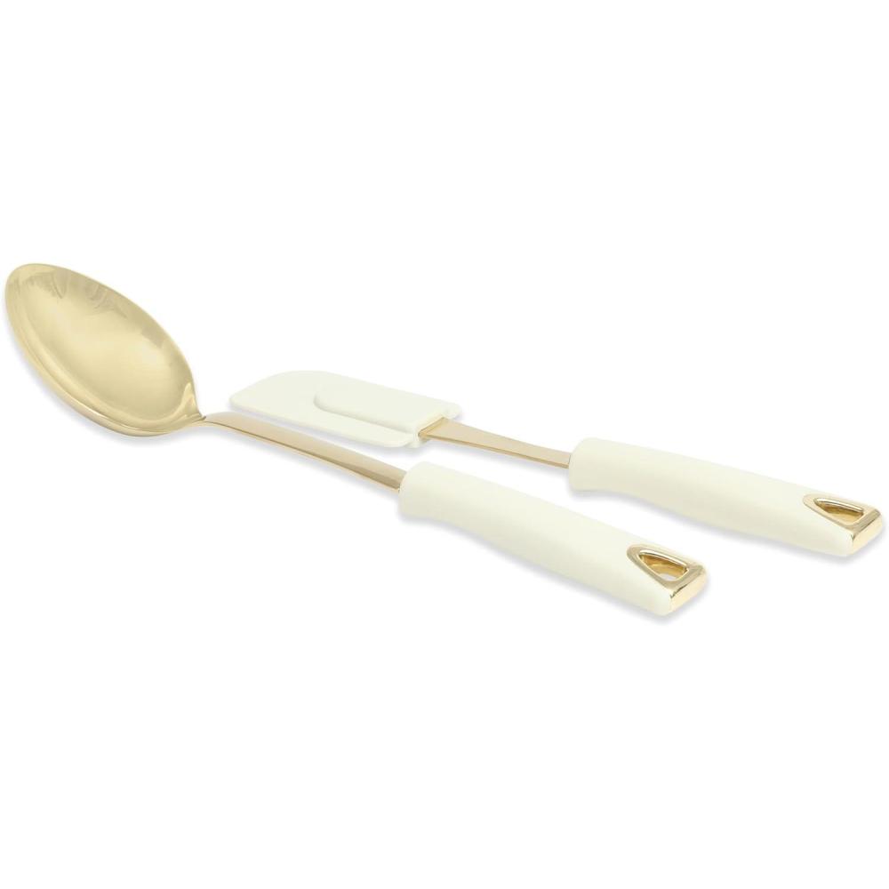 imageMartha Stewart Lockton 2Piece Kitchen Scraper and Spoon Set Stainless Steel and Nylon Cooking Utensils with Linen Handles and Gold Accents Durable HeatResistant Tools