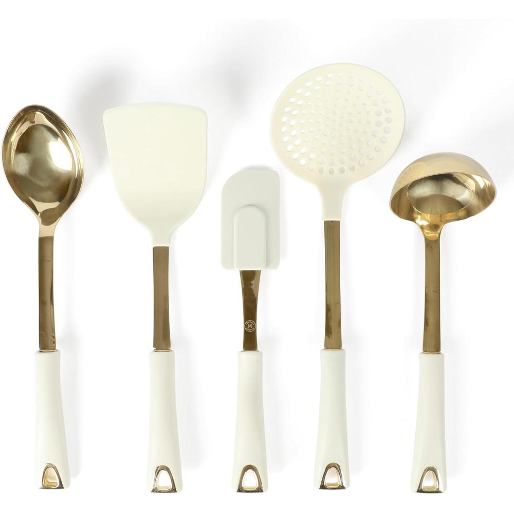 imageMartha Stewart Lockton 5Piece Kitchen Tool Set Stainless Steel amp Nylon Cooking Utensils with Linen Handles and Gold Accents Durable HeatResistant Kitchen Gadgets