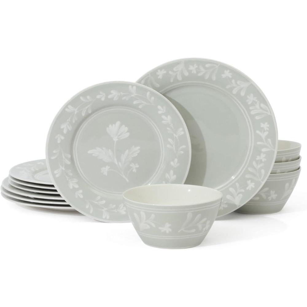 imageMartha Stewart Maiden Crown 12Piece Sky Blue Dinnerware Set New Bone China Ceramic Plates amp Bowls Floral Design Service for 4 Microwave amp Dishwasher SafeSage Green