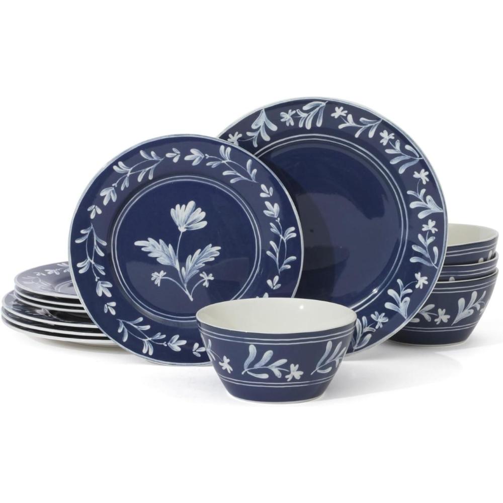 imageMartha Stewart Maiden Crown 12Piece Sky Blue Dinnerware Set New Bone China Ceramic Plates amp Bowls Floral Design Service for 4 Microwave amp Dishwasher SafeSky Blue