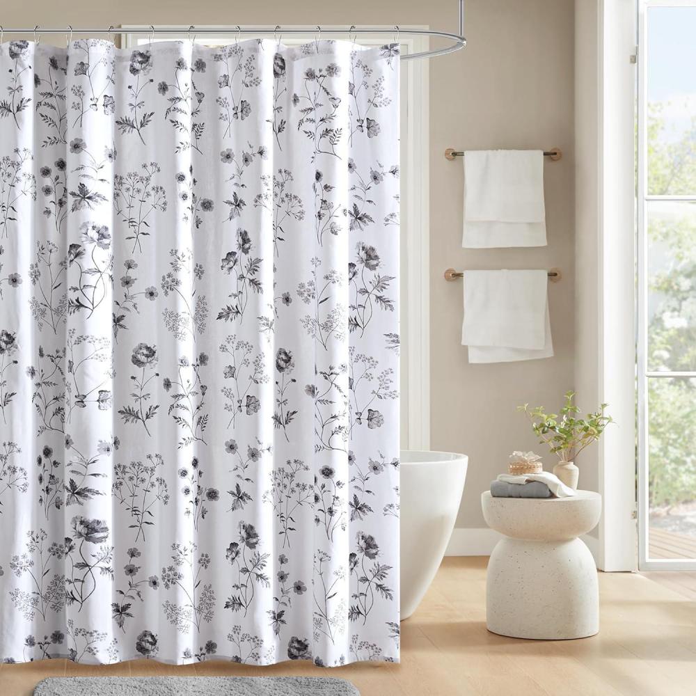 imageMartha Stewart Marthas Garden Shower Curtain Botanical Floral Print Cotton Shower Curtain for Bathroom Spa Quality Modern Shower Curtains Standard Size 72x84 BlueGarden Black