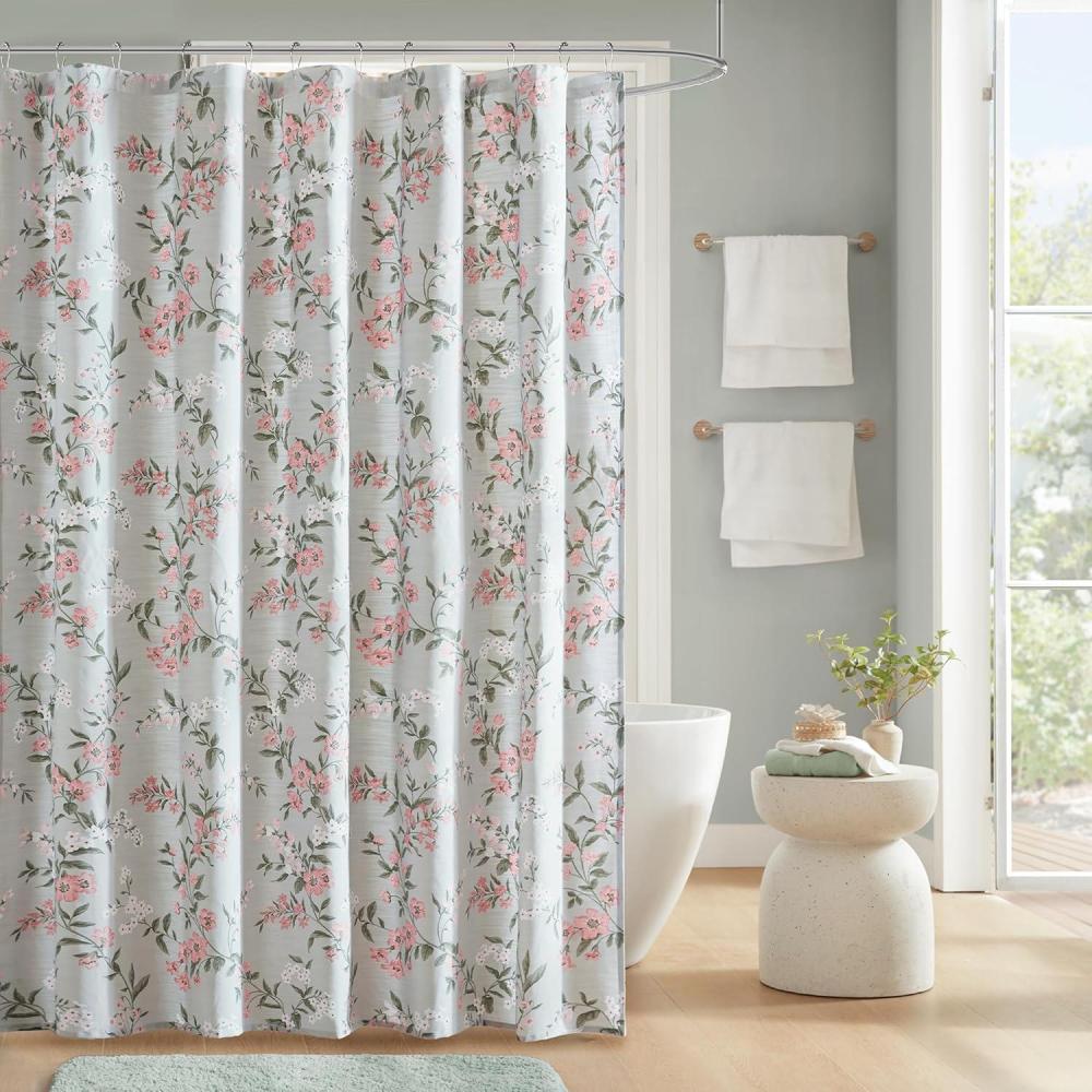 imageMartha Stewart Marthas Garden Shower Curtain Botanical Floral Print Cotton Shower Curtain for Bathroom Spa Quality Modern Shower Curtains Standard Size 72x84 BlueMeadow Green