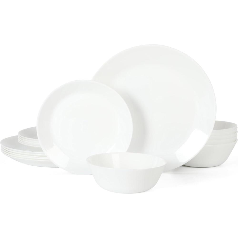 imageMartha Stewart Opalton 18Piece Dinnerware Set Chip and Break Resistant Opal Glass Plates and Bowls Lightweight White Dinner Set for 6 Microwave and Dishwasher Safe