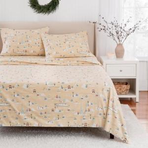 Martha Stewart – Flannel Sheets Twin Size, Anti-Pilling & Wrinkle Resistant Cotton, Touchably Soft for All-Season Comfort – Bed Sheets with Matching Pillowcase & Fitted Sheet (Ski Village Green)(Holiday Winter Wonderland  Santa Claus)