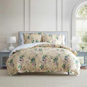 Martha Stewart – Queen Comforter Set, 100% Silky Smooth Cotton Sateen Floral Bedding for Year Round Comfort, 3 Piece Bed Set with Matching Pillowcases (Tea Rose Pink)(Songbird Yellow)