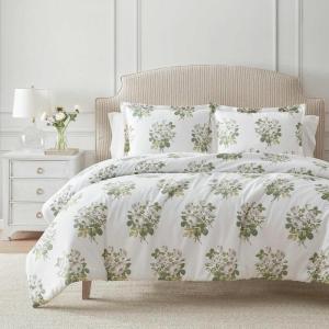 Martha Stewart – Queen Comforter Set, Naturally Soft Cotton-Rich Jacquard Bedding w/Matching Pillowcases, Textured 3 Piece Bed Set (Garden Trellis White)(Elosie Floral Grey)