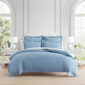 Martha Stewart – Queen Duvet Cover Set, 100% Soft Cotton Blend Bedding, Corner Ties & Button Closure, 3 Piece Bed Set with Matching Pillowcases (Scallop Pink)(Blue)