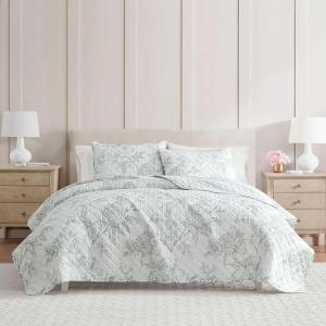 Martha Stewart – Queen Quilt Set, 100% Cotton Reversible Bedding Set, Incredibly Soft Feel for Year Round Comfort, 3 Piece Bed Set with Matching Pillowcases (Flower Block Print Blue)(Vine Flora Green)