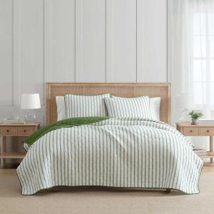 Martha Stewart – Queen Quilt Set, 100% Cotton Reversible Bedding Set, Incredibly Soft Feel for Year Round Comfort, 3 Piece Bed Set with Matching Pillowcases (Flower Block Print Blue)(Ticking Stripe Green)