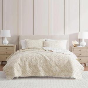 Martha Stewart – Queen Quilt Set, 100% Cotton Reversible Bedding Set, Incredibly Soft Feel for Year Round Comfort, 3 Piece Bed Set with Matching Pillowcases (Flower Block Print Blue)(Layered Branches Beige)