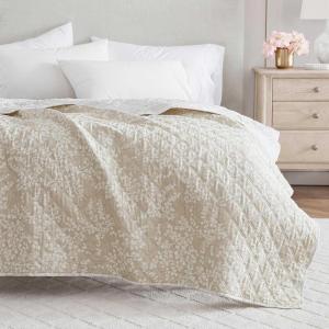 Martha Stewart – Queen Size Blanket, Ultra-Soft Plush Fleece Throw Blanket with Double-Needle Stitching, 350 GSM, Medium Weight Bedding for Bed or Couch (Bedford Solid Blue)(Layered Branches Beige)