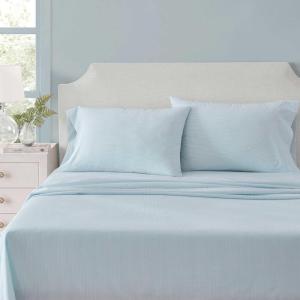 Martha Stewart – Queen Size Sheets Set, Crisp & Tailored Cooling Sheets w/a Naturally Smooth Cotton Percale Lightweight Feel – Bed Sheets with Matching Pillowcases & Fitted Sheet (Floral White)(Stripe Blue)