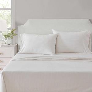 Martha Stewart – Queen Size Sheets Set, Crisp & Tailored Cooling Sheets w/a Naturally Smooth Cotton Percale Lightweight Feel – Bed Sheets with Matching Pillowcases & Fitted Sheet (Floral White)(Stripe White)