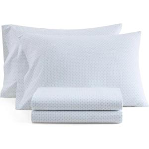 Martha Stewart – Queen Size Sheets Set, Crisp & Tailored Cooling Sheets w/a Naturally Smooth Cotton Percale Lightweight Feel – Bed Sheets with Matching Pillowcases & Fitted Sheet (Floral White)(Polka Dot Blue)