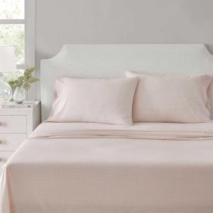 Martha Stewart – Queen Size Sheets Set, Crisp & Tailored Cooling Sheets w/a Naturally Smooth Cotton Percale Lightweight Feel – Bed Sheets with Matching Pillowcases & Fitted Sheet (Floral White)(Small Gingham Pink)