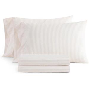 Martha Stewart – Queen Size Sheets Set, Crisp & Tailored Cooling Sheets w/a Naturally Smooth Cotton Percale Lightweight Feel – Bed Sheets with Matching Pillowcases & Fitted Sheet (Floral White)(Ticking Stripe Pink)