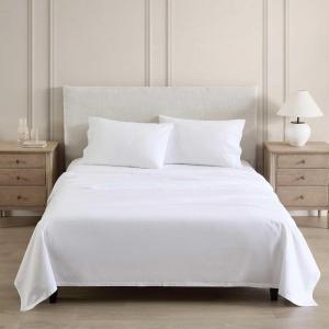 Martha Stewart – Queen Size Sheets Set, Crisp & Tailored Cooling Sheets w/a Naturally Smooth Cotton Percale Lightweight Feel – Matching Pillowcases & Fitted Sheet (Skylands Solid White)(Lilly Pond Leaf Beige)