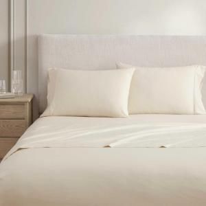 Martha Stewart – Queen Size Sheets Set, Crisp & Tailored Cooling Sheets w/a Naturally Smooth Cotton Percale Lightweight Feel – Matching Pillowcases & Fitted Sheet (Skylands Solid White)(Skylands Solid Beige)