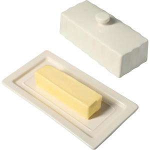 Martha Stewart Broadbrook Stoneware Butter Dish with Lid, Rectangular Covered Butter Keeper, 8.1 x 4.4 x 3 Inches, Classic Cream Glaze, Dishwasher Safe Ceramic Storage for Counter or Table