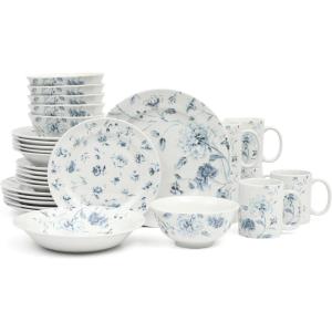 Martha Stewart Empress Bouquet 12-Piece Decorated Porcelain Chip and Scratch Resistant Dinnerware Plates and Bowls Set – Pink Floral(Blue Floral)