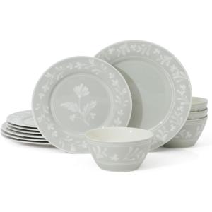 Martha Stewart Maiden Crown 12-Piece Sky Blue Dinnerware Set – New Bone China Ceramic Plates & Bowls – Floral Design – Service for 4 – Microwave & Dishwasher Safe(Sage Green)