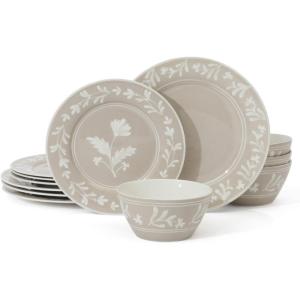 Martha Stewart Maiden Crown 12-Piece Sky Blue Dinnerware Set – New Bone China Ceramic Plates & Bowls – Floral Design – Service for 4 – Microwave & Dishwasher Safe(Taupe)
