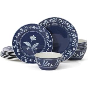 Martha Stewart Maiden Crown 12-Piece Sky Blue Dinnerware Set – New Bone China Ceramic Plates & Bowls – Floral Design – Service for 4 – Microwave & Dishwasher Safe(Sky Blue)