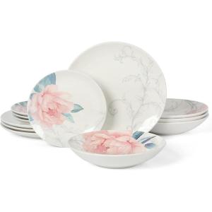 Martha Stewart Maiden Crown 12-Piece Sky Blue Dinnerware Set – New Bone China Ceramic Plates & Bowls – Floral Design – Service for 4 – Microwave & Dishwasher Safe(Peony)