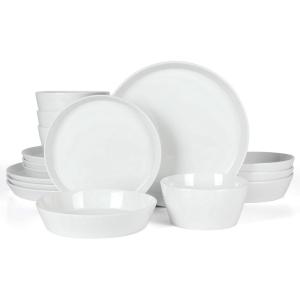 Martha Stewart Selma Chip & Scratch Resistant Dinnerware Set Service for 4 (16pcs) – White Plates and Bowls, Durable Dishwasher and Microwave Safe Dishes Set for Everyday Use(White)