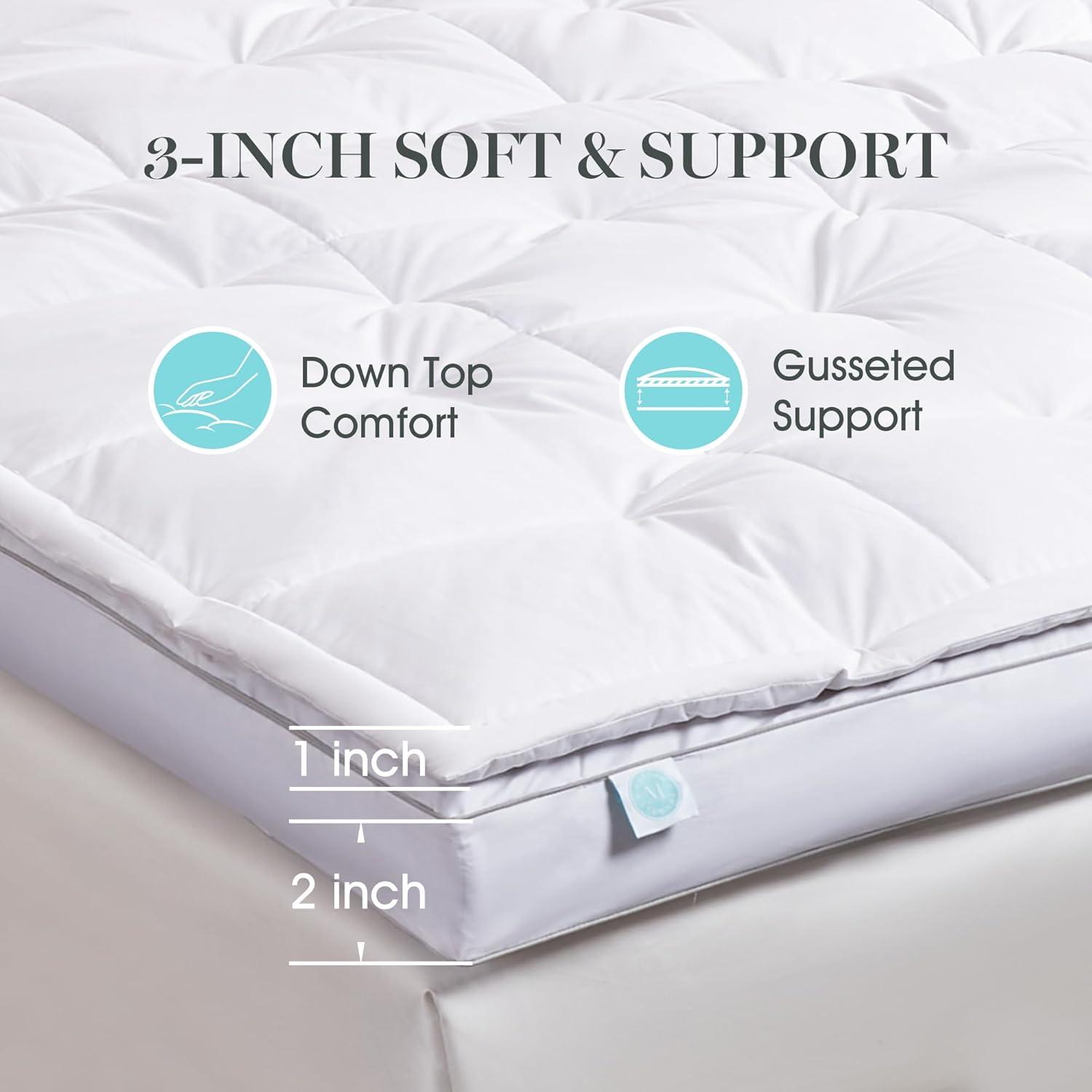 imageMartha Stewart 3 Inch White Down Feather Mattress Topper Full Size Fluffy White Feather Bed Topper 100 Cotton Cover Fabric Ultra Soft Pillow Top Featherbed for Bedroom 54 x 75Queen