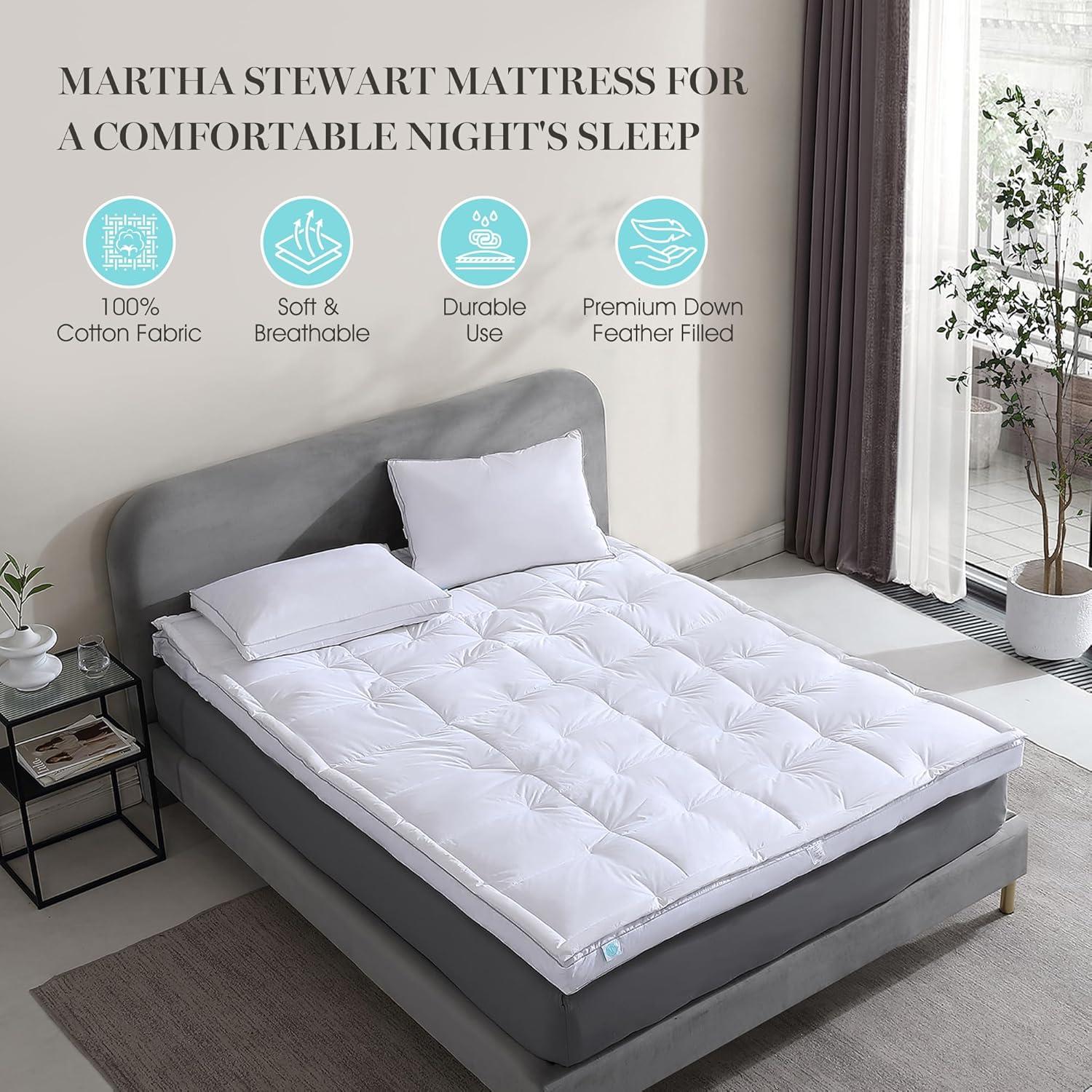 imageMartha Stewart 3 Inch White Down Feather Mattress Topper Full Size Fluffy White Feather Bed Topper 100 Cotton Cover Fabric Ultra Soft Pillow Top Featherbed for Bedroom 54 x 75Queen