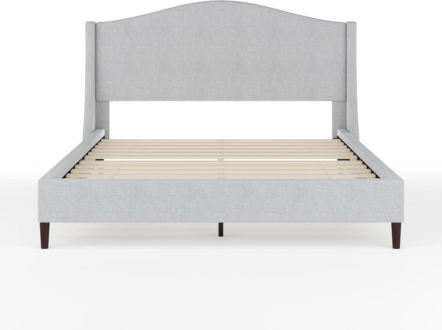 imageMartha Stewart Amelia Platform Bed with Curved Headboard and Cushioned Side Rails Faux Linen Upholstery Wood Slat Foundation No Box Spring Needed Queen BeigeGray FabricBlack Legs