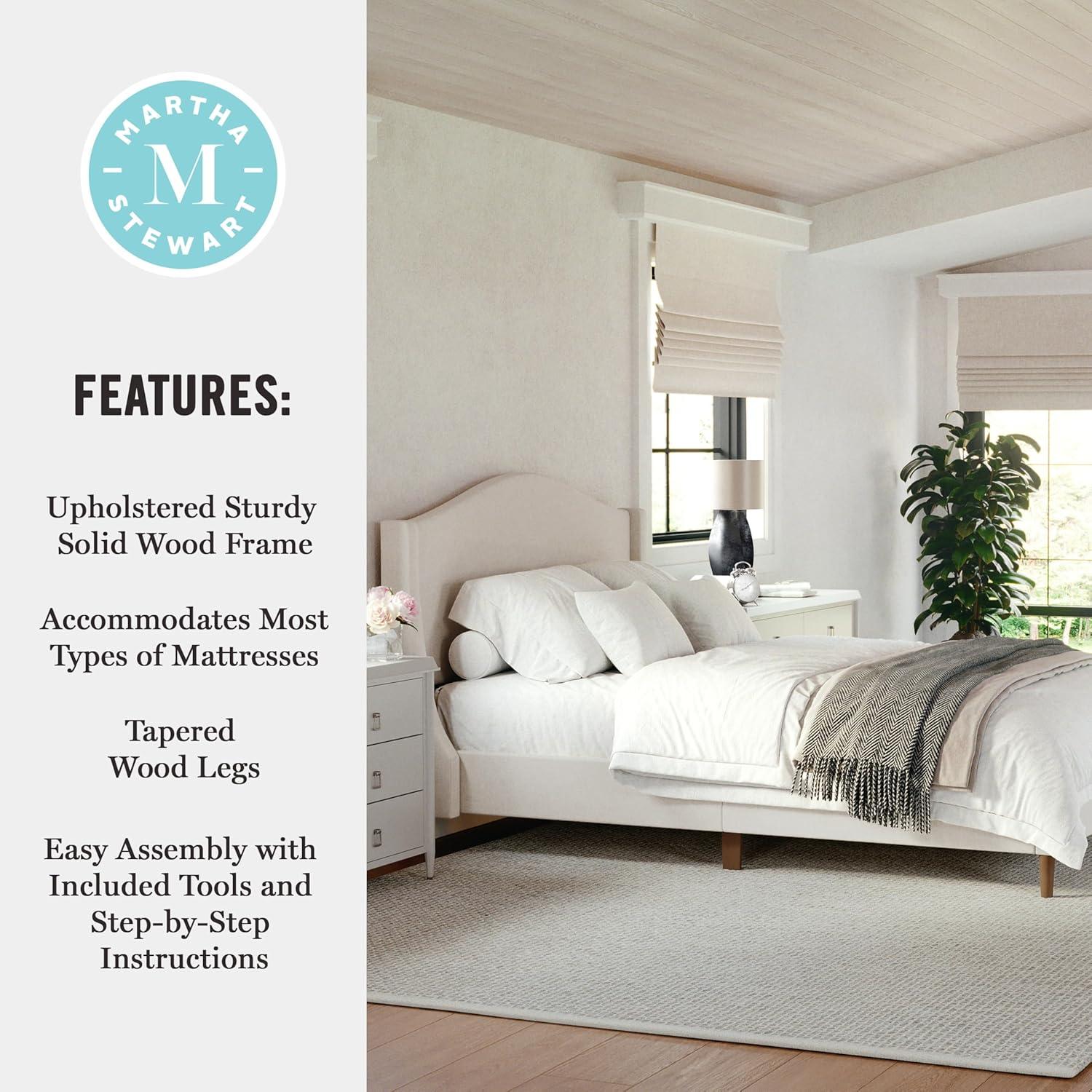 imageMartha Stewart Amelia Platform Bed with Curved Headboard and Cushioned Side Rails Faux Linen Upholstery Wood Slat Foundation No Box Spring Needed Queen BeigeBeige FabricWalnut Legs