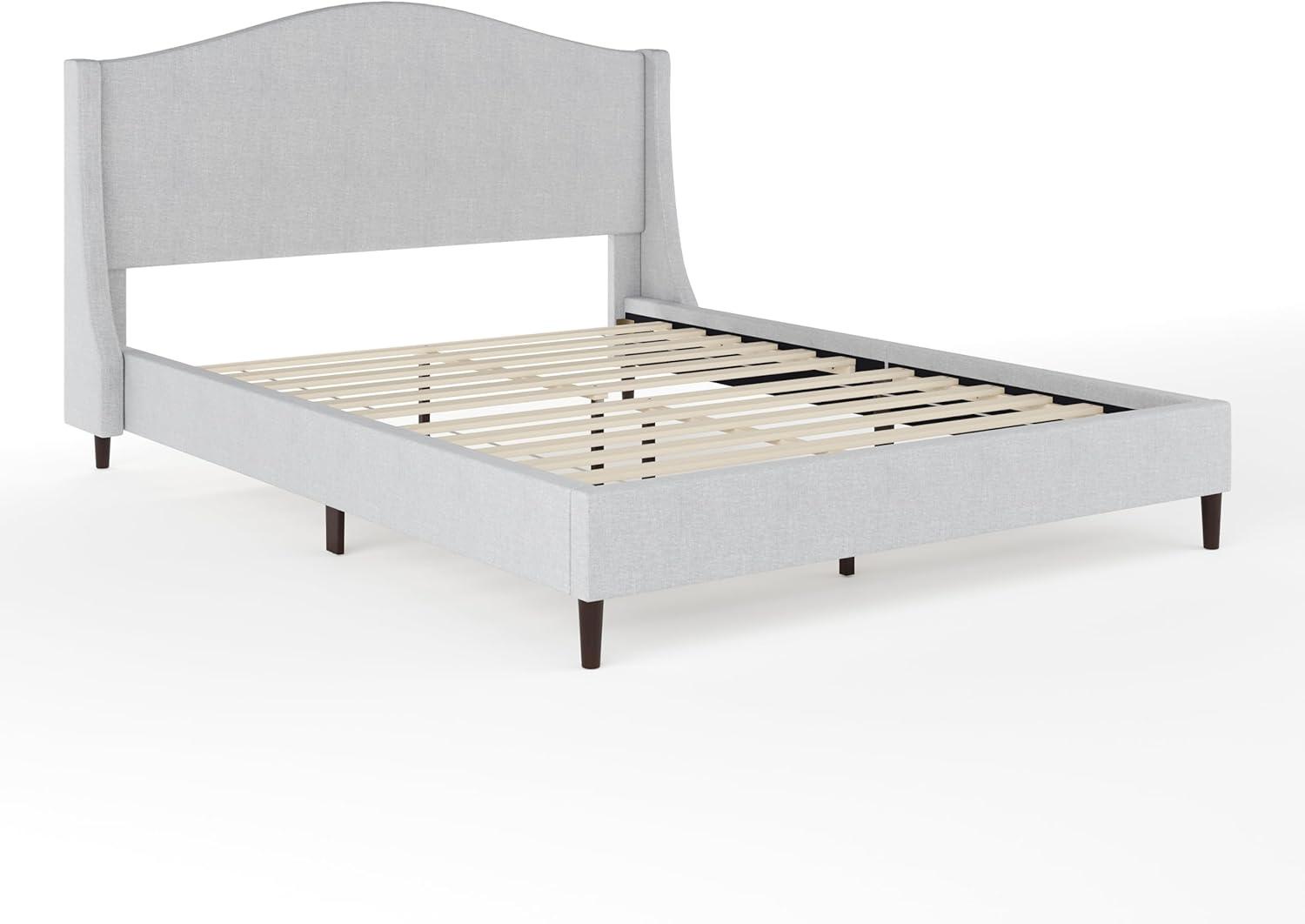 imageMartha Stewart Amelia Platform Bed with Curved Headboard and Cushioned Side Rails Faux Linen Upholstery Wood Slat Foundation No Box Spring Needed Queen BeigeGray FabricBlack Legs