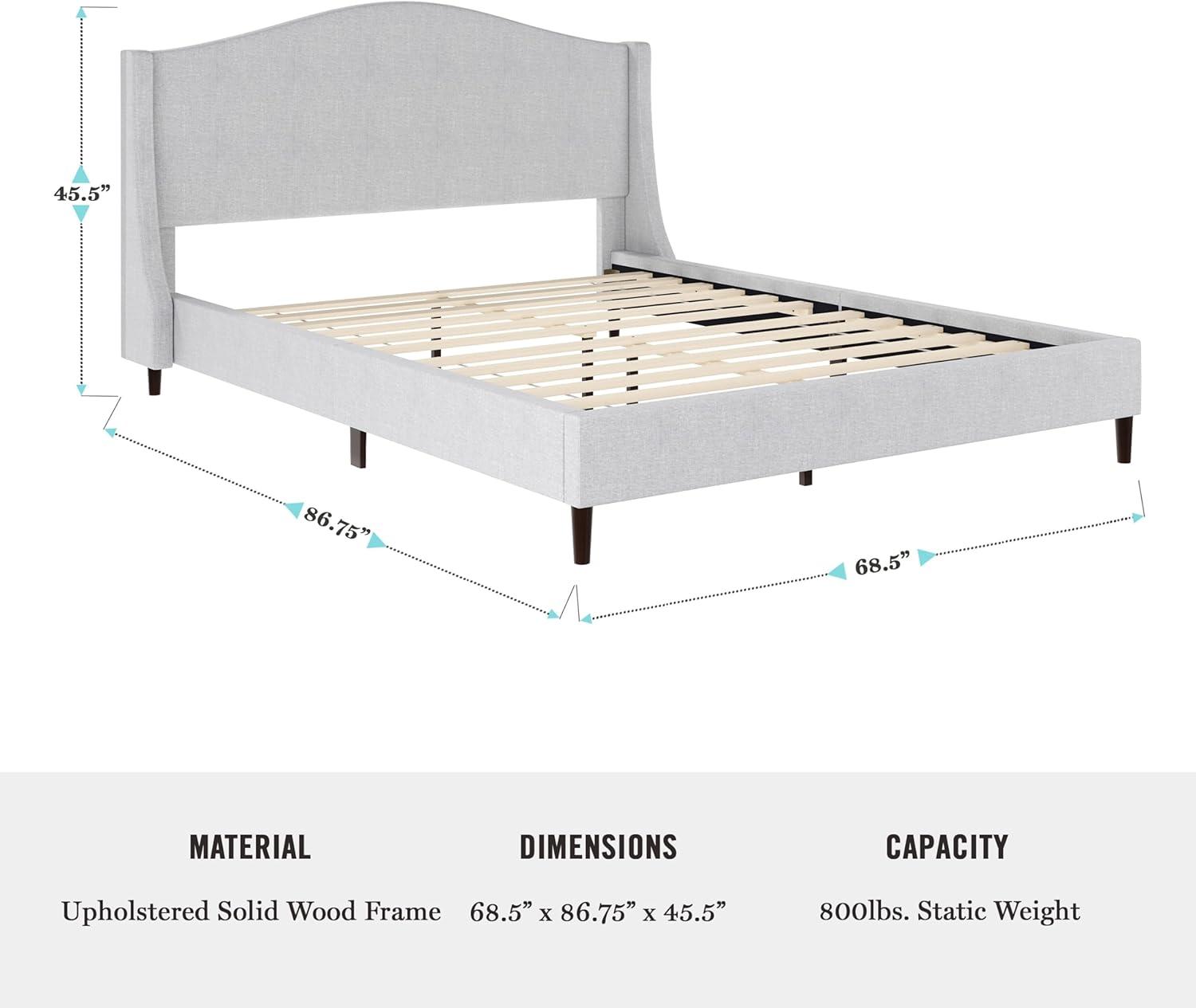 imageMartha Stewart Amelia Platform Bed with Curved Headboard and Cushioned Side Rails Faux Linen Upholstery Wood Slat Foundation No Box Spring Needed Queen BeigeGray FabricBlack Legs