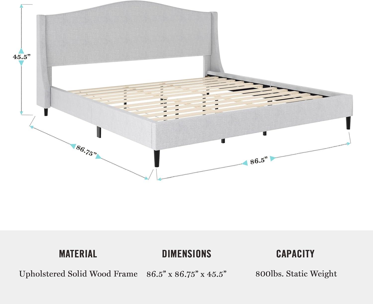 imageMartha Stewart Amelia Platform Bed with Curved Headboard and Cushioned Side Rails Faux Linen Upholstery Wood Slat Foundation No Box Spring Needed Queen BeigeGray FabricBlack Legs