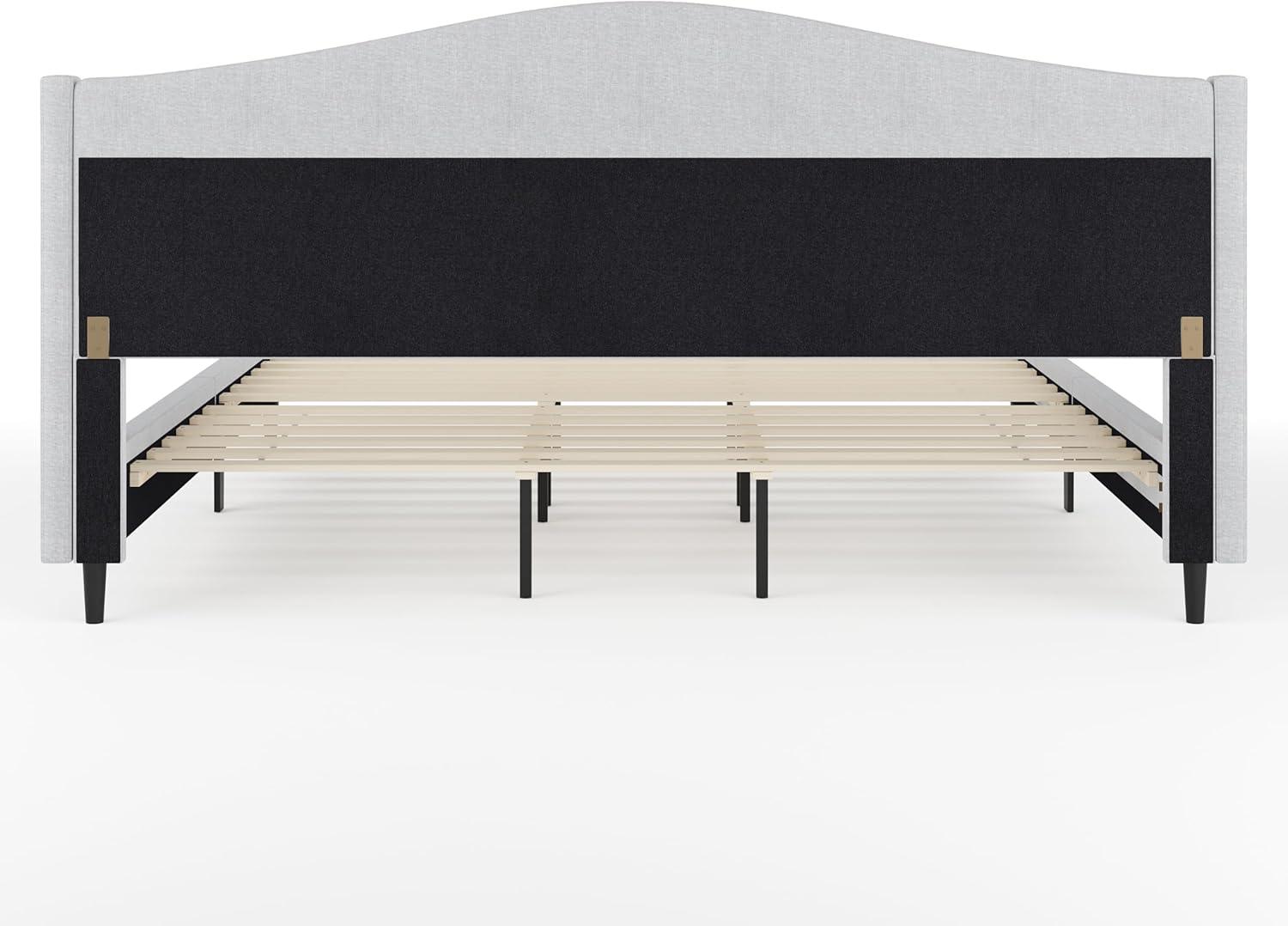 imageMartha Stewart Amelia Platform Bed with Curved Headboard and Cushioned Side Rails Faux Linen Upholstery Wood Slat Foundation No Box Spring Needed Queen BeigeGray FabricBlack Legs