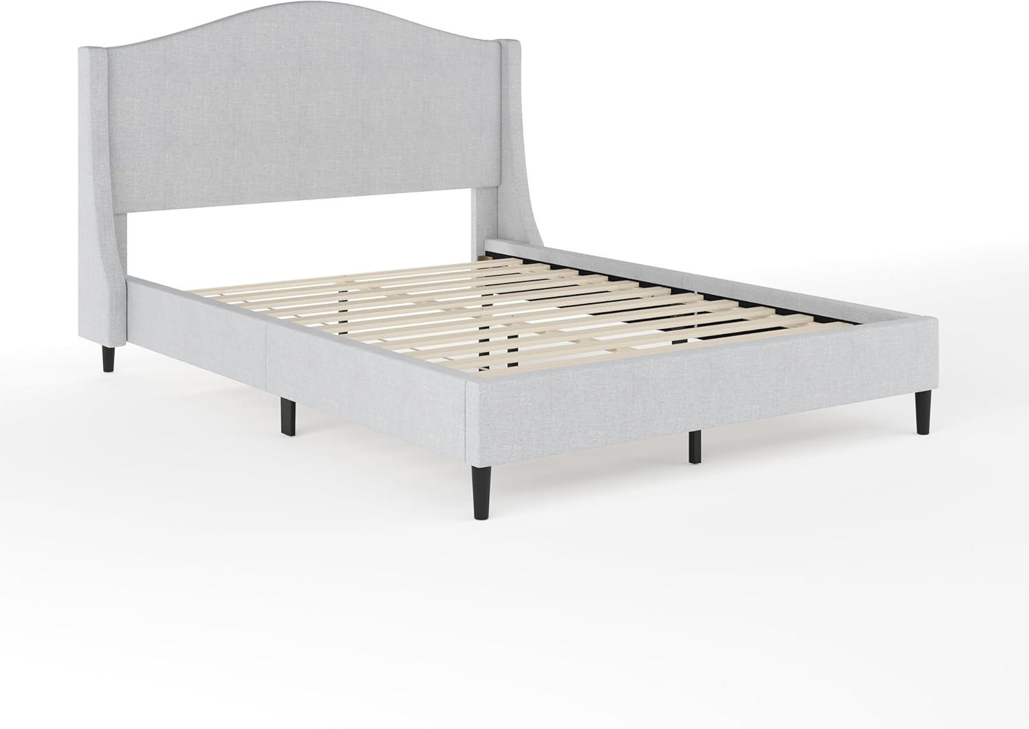 imageMartha Stewart Amelia Platform Bed with Curved Headboard and Cushioned Side Rails Faux Linen Upholstery Wood Slat Foundation No Box Spring Needed Queen BeigeGray FabricBlack Legs