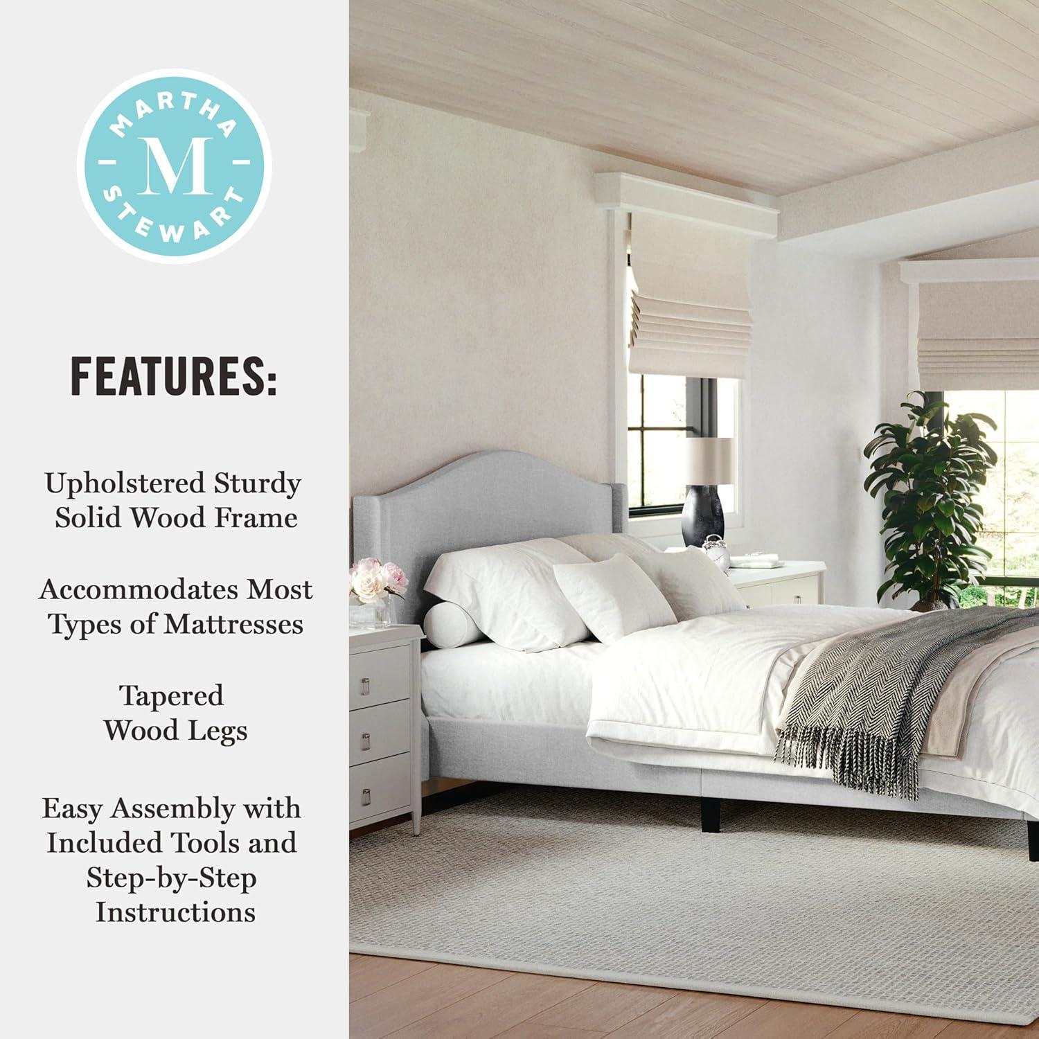 imageMartha Stewart Amelia Platform Bed with Curved Headboard and Cushioned Side Rails Faux Linen Upholstery Wood Slat Foundation No Box Spring Needed Queen BeigeGray FabricBlack Legs