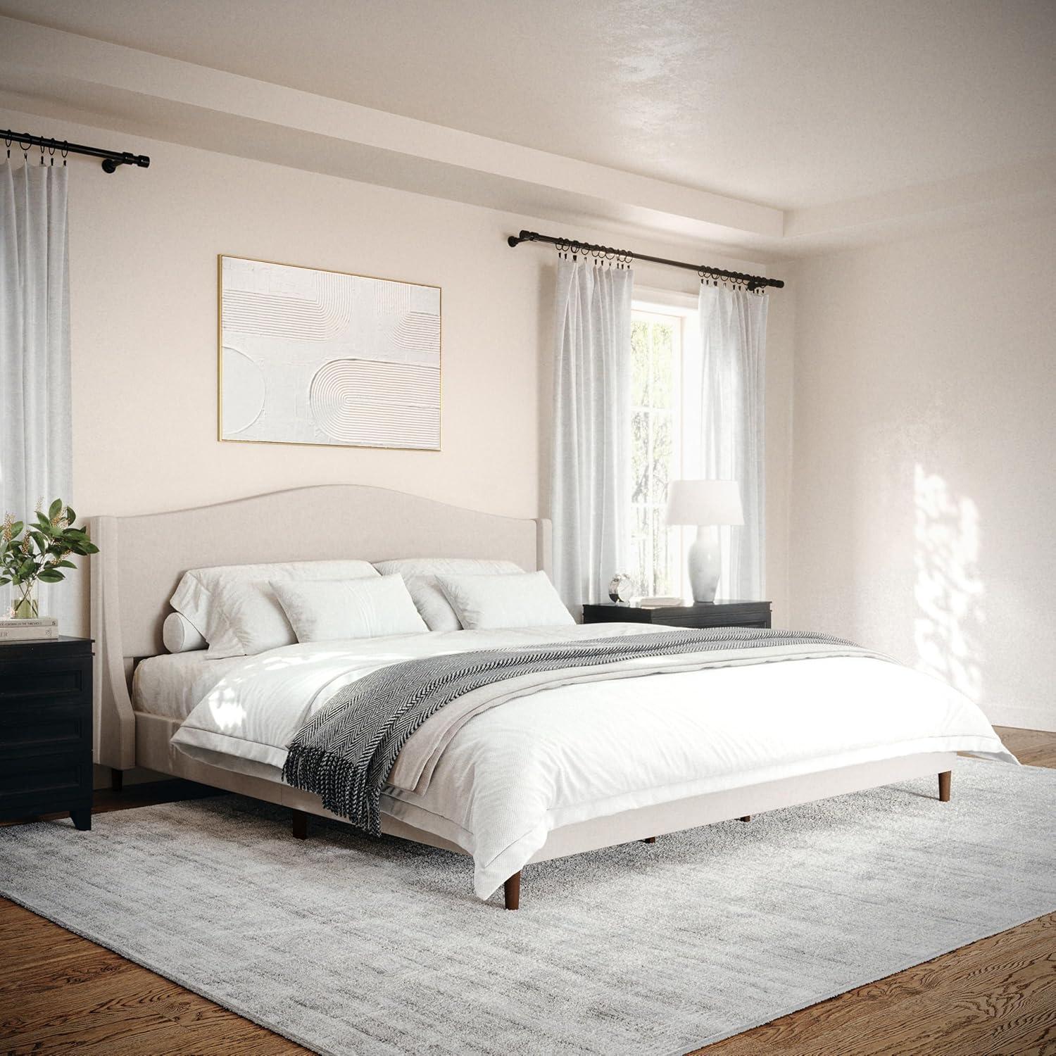 imageMartha Stewart Amelia Platform Bed with Curved Headboard and Cushioned Side Rails Faux Linen Upholstery Wood Slat Foundation No Box Spring Needed Queen BeigeBeige FabricWalnut Legs