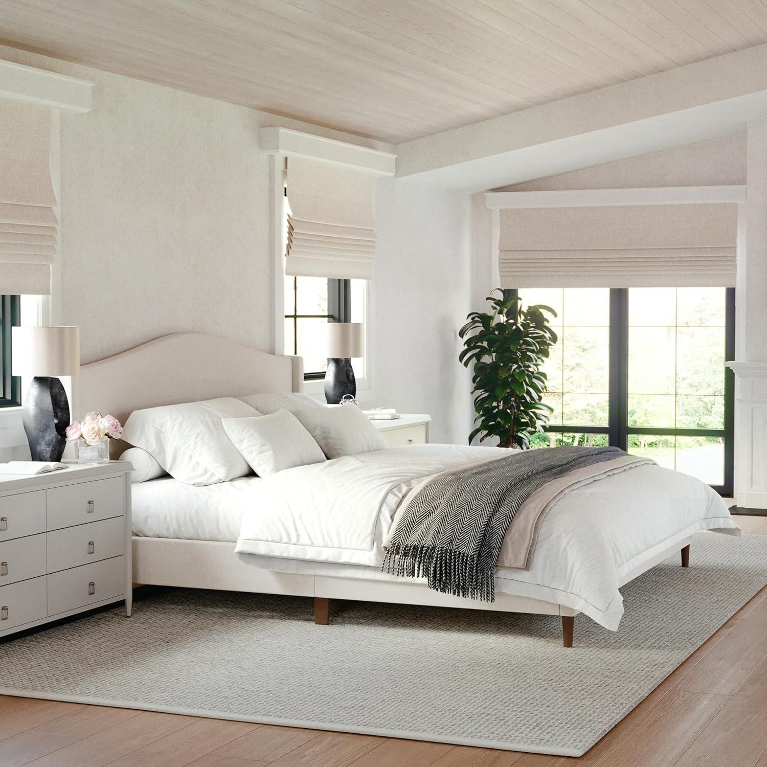 imageMartha Stewart Amelia Platform Bed with Curved Headboard and Cushioned Side Rails Faux Linen Upholstery Wood Slat Foundation No Box Spring Needed Queen BeigeBeige FabricWalnut Legs